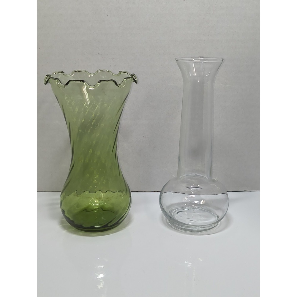 Blown Glass Flower Vase Set Green Ruffled Fluted Rim Optic Swirl & Clear Slender